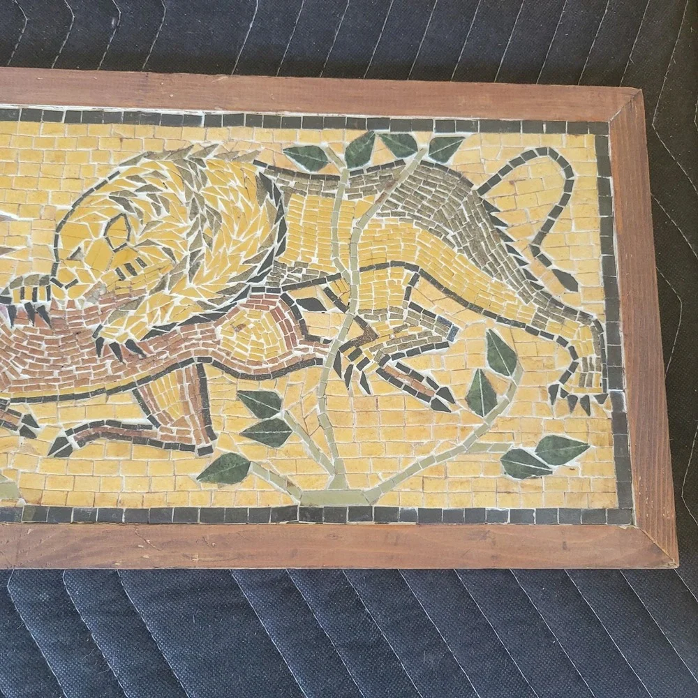 Vtg Mosaic Tile Lion And Prey Wooden Framed Wall Hanging Picture Scene